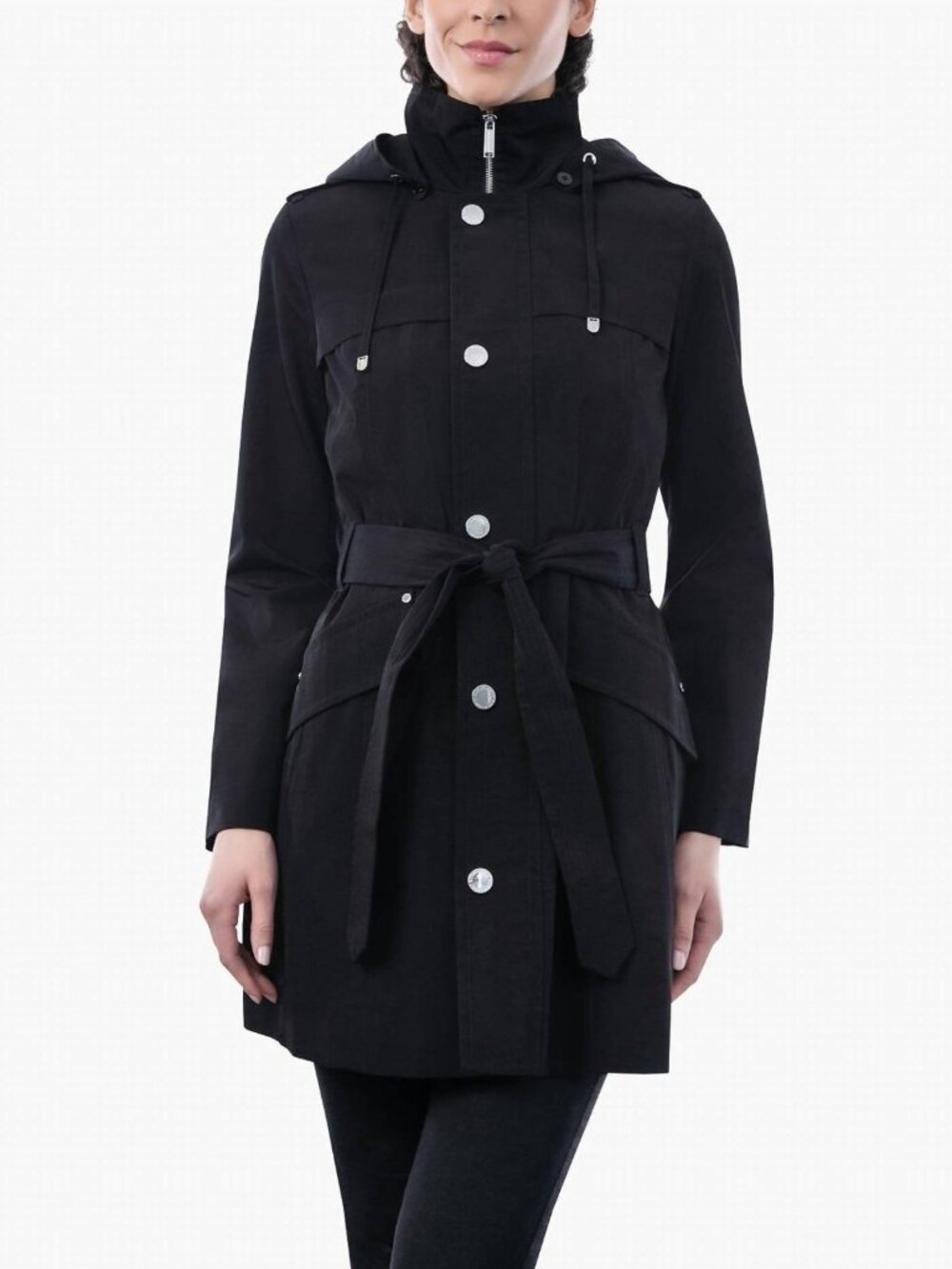London Fog Full Zip Hooded Trench Coat Belt Black Women's XL Classic Hooded NEW
